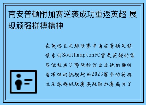 南安普顿附加赛逆袭成功重返英超 展现顽强拼搏精神
